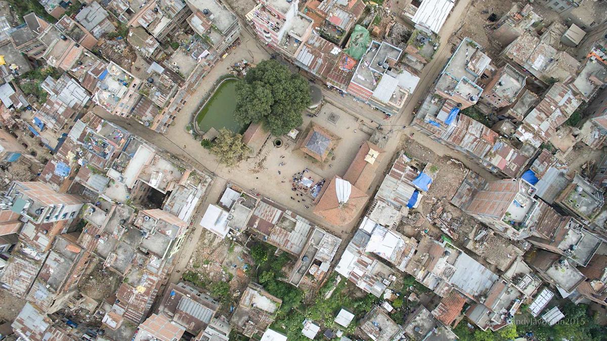Aerial photograph showing earthquake devastation and damaged buildings in Nepal following the April 2015 earthquake.