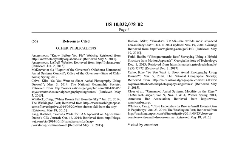 Official U.S. patent page 6 listing Kike Calvo's March 2014 National Geographic drone photography article in two references.