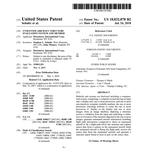 Official cover page of U.S. Patent 10,032,078 B2, granted July 24, 2018, for an unmanned aircraft structure evaluation system.